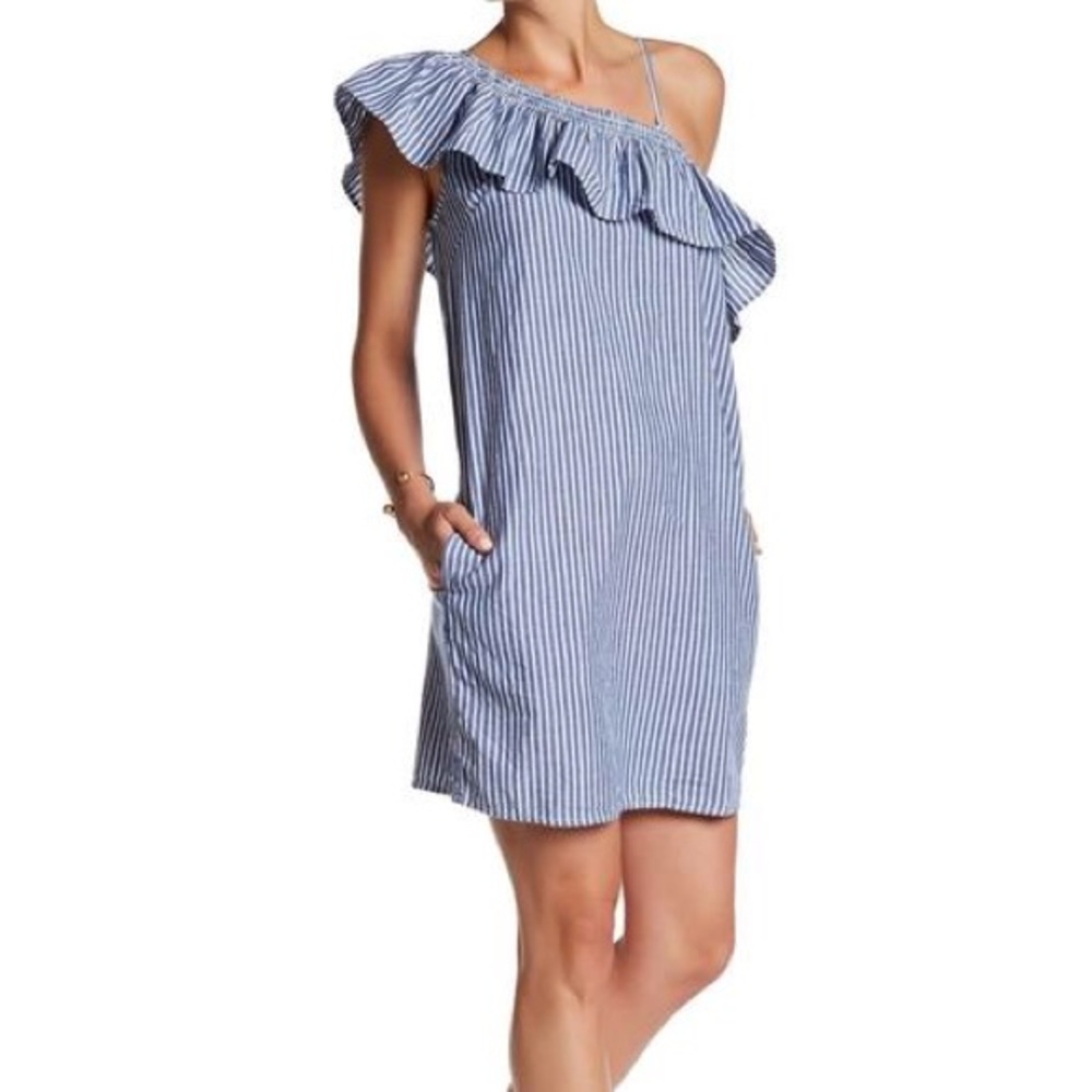 NWT Beach Lunch linen blue/white 1 shoulder dress